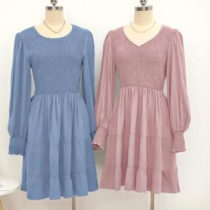🎉Casual long sleeve smocked crew neck elastic waist flowy tiered design